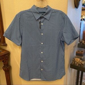 NWT~PERRY ELLIS Men Slim Fit Blue Patterned Button Short Sleeve Top-Medium